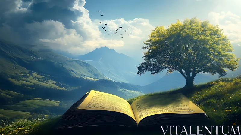 Open book on hillside with solitary tree and distant mountains.