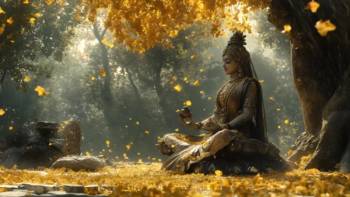 Serene stone goddess meditates under golden autumn canopy