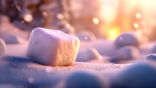 Snow cube rests on frosty ground in soft sunset light