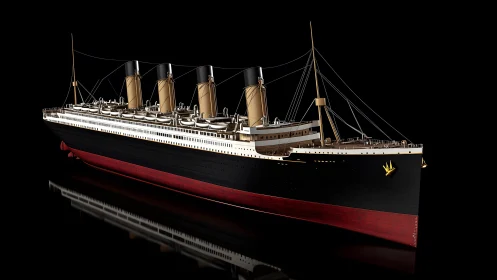 Realistic digital rendering of the Titanic ocean liner on black background.