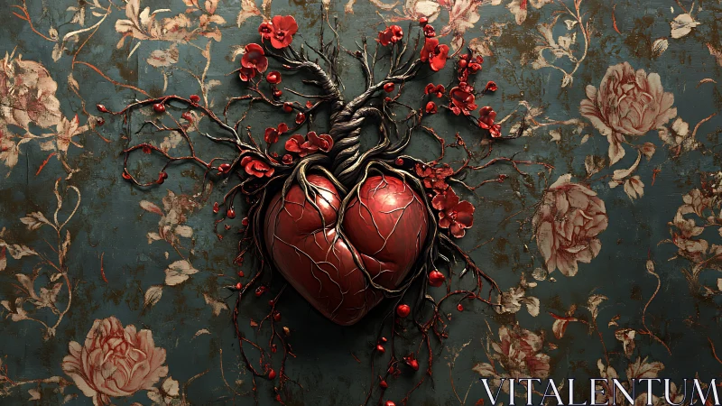 Anatomical Heart Tree Blooming Red Flowers on Floral Damask