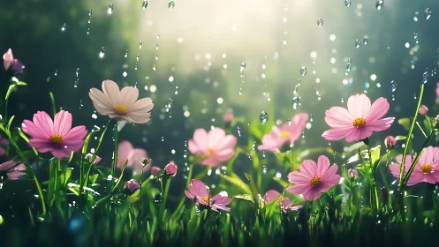 Pink Cosmos Flowers Kissed by Morning Rain Drops.