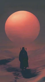 Lone robed wanderer crosses dunes under giant red sun.
