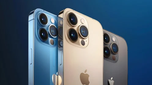 Three iPhone 13 Pro models display camera systems in blue, gold, and graphite finishes against gradi