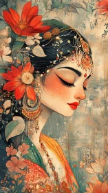 Ornate floral portrait of woman in stylized digital painting.