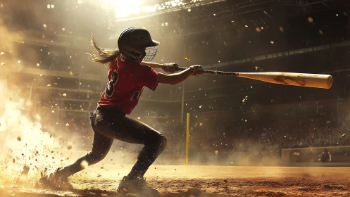 Backlit softball batter in dynamic impact-phase dust vortex.