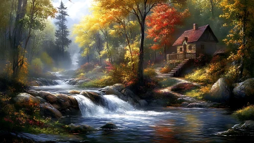 Autumn river cottage glowing in misty woodland enchantment.