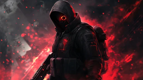 Hooded cyber soldier stalks through red combat haze.