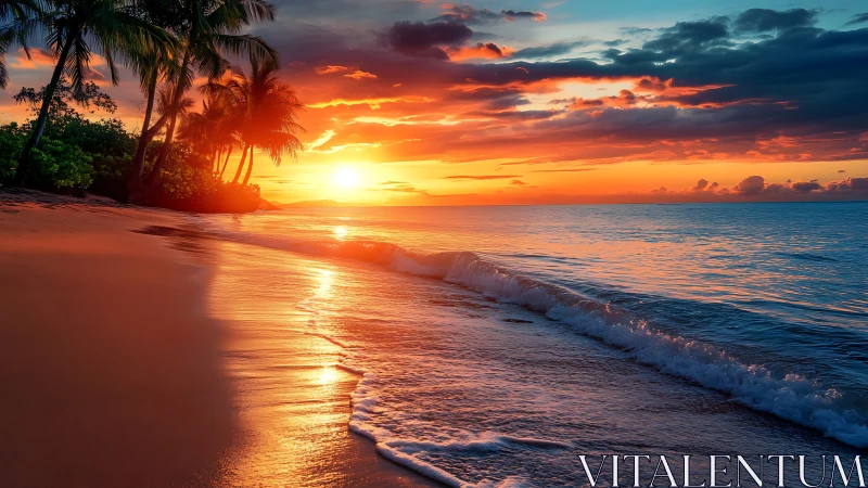 Radiant tropical shoreline under high-saturation sunset optics.