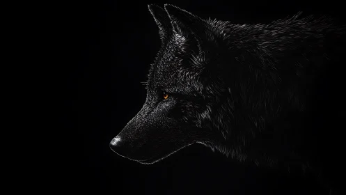 Lone black wolf emerges from darkness in side profile view.