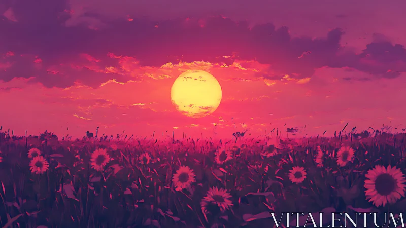 Chromatic sunflower field under overscaled low-horizon sunset disk