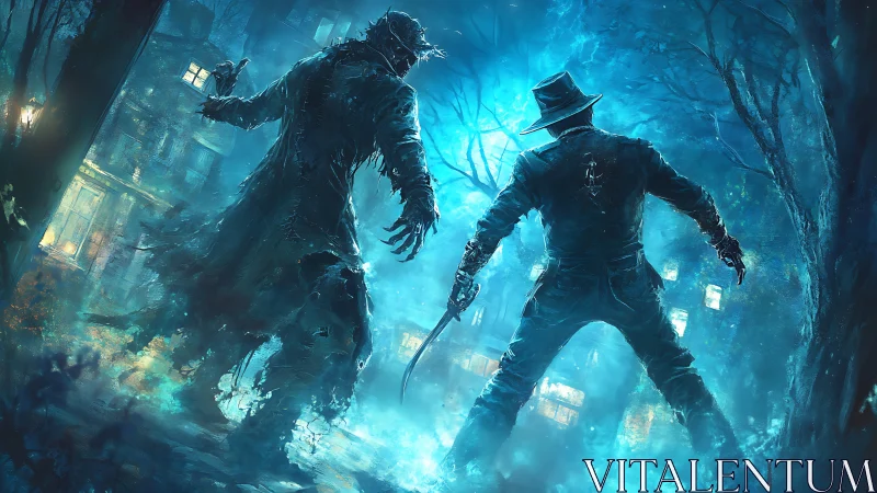 Midnight duel in neon fog between trenchcoat shadows.