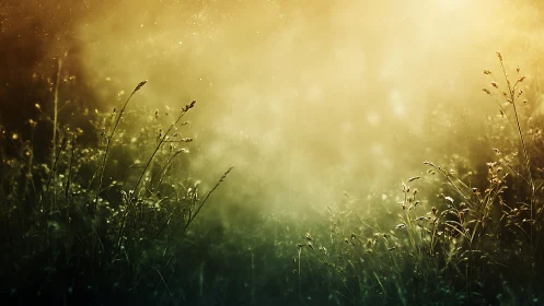 Backlit wild grasses glow through golden morning mist