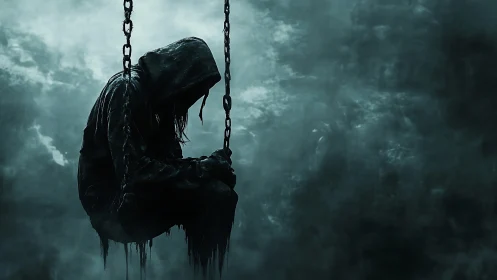 Silent hooded figure rests alone on a misty suspended swing