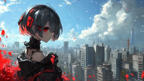 Quiet cyber girl watching a bright city skyline below.