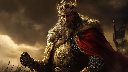 Armored medieval king in storm-lit battlefield portrait