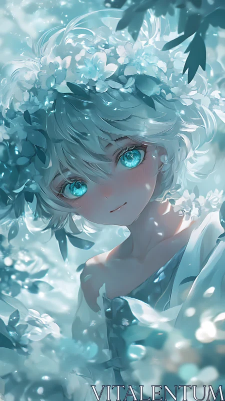 Silver-haired youth gazes through luminous aqua blossoms