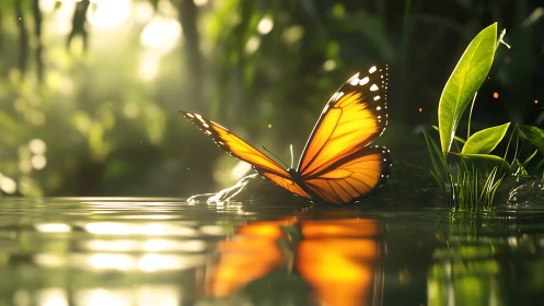 Gentle orange butterfly resting by a sunlit forest pond.