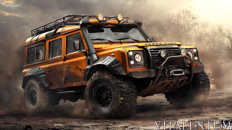 Orange off road SUV driving through muddy terrain.