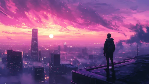 Solitary rooftop observer studies neon dusk over megacity