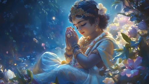Child deity sits in prayerful pose amid glowing flowers