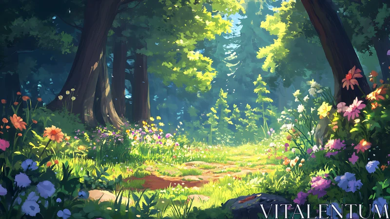 Luminous Forest Glade: Where Wildflowers Dance Beneath Ancient Boughs.