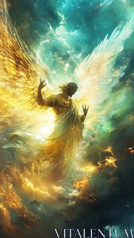 Radiant celestial angel ascends through luminous storm clouds