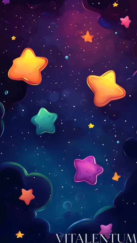 Vibrant cartoon stars drifting through deep night sky.