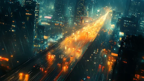 Neon rainfall over a blazing cyber-highway river of light.