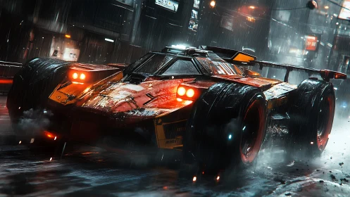 Futuristic race car on wet neon city street at night.