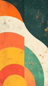 Curved geometric arcs intersect against distressed teal field