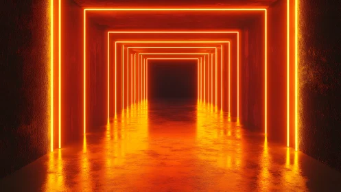 Rectangular corridor contains linear orange neon light frames