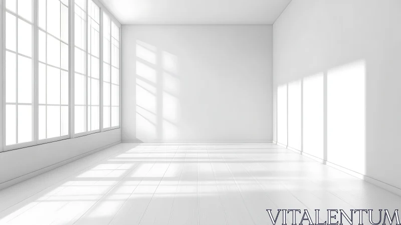 Empty white interior shows large grid windows and light