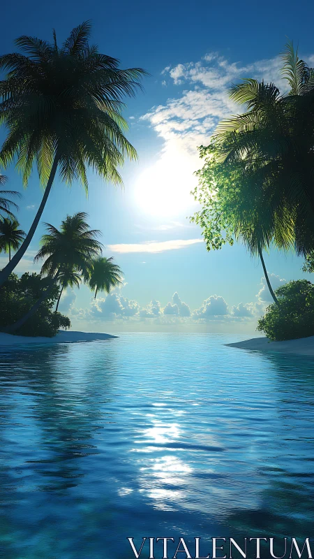 Tropical Paradise Gate: Palm-Framed Waters Meet Endless Sky.