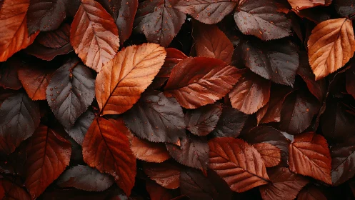 Coppery autumn leaves glisten under soft diffused light.