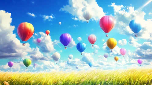 Colorful hot air balloons float above bright summer field.
