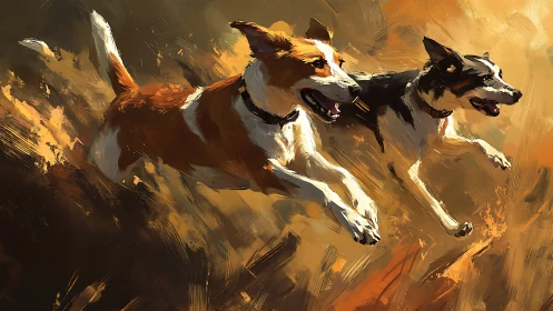 Kinetic brushwork study of two sprinting dogs in mid-leap.