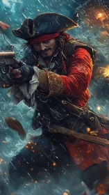 Pirate captain fires flintlock pistol amid storm battle