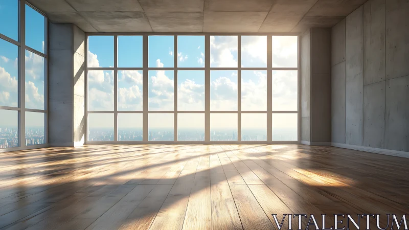 Sunlit penthouse loft with panoramic city window wall.