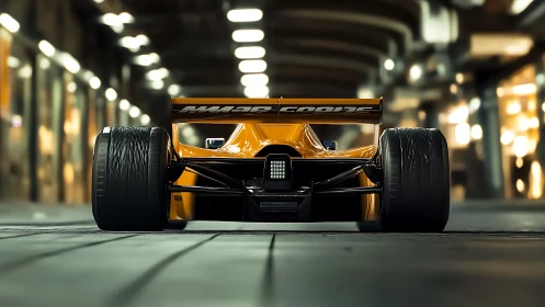 Sleek orange race car waiting to launch under city lights.