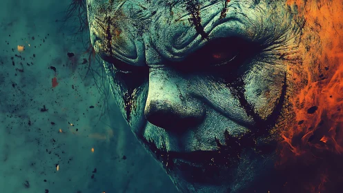 Infernal clown visage emerging from teal smoke and flame.