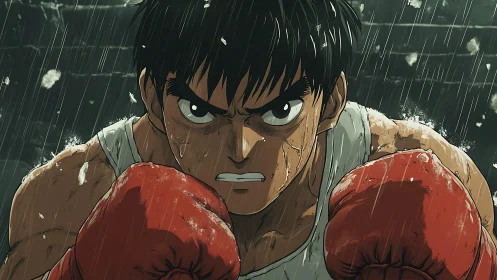 Determined Boxer Portrait in Rain with Intense Expression.