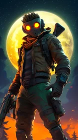 Masked figure with glowing eyes before full moon at dusk.