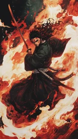 Fiery samurai warrior swirling through dancing crimson flames.