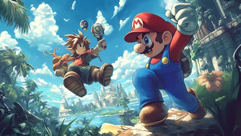 Heroic duo leap across lush skylands in bright adventure.