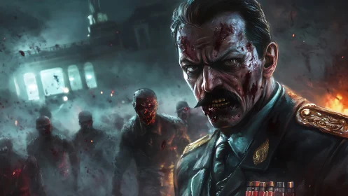 Bloodied military commander leading zombies at night.