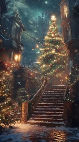 Snowy Christmas stairway glows with warm festive lights