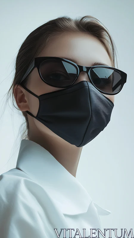 Stylish woman in mask and sunglasses exudes cool confidence.