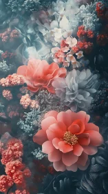 Dreamy Garden: Coral Blooms in Misty Haze.