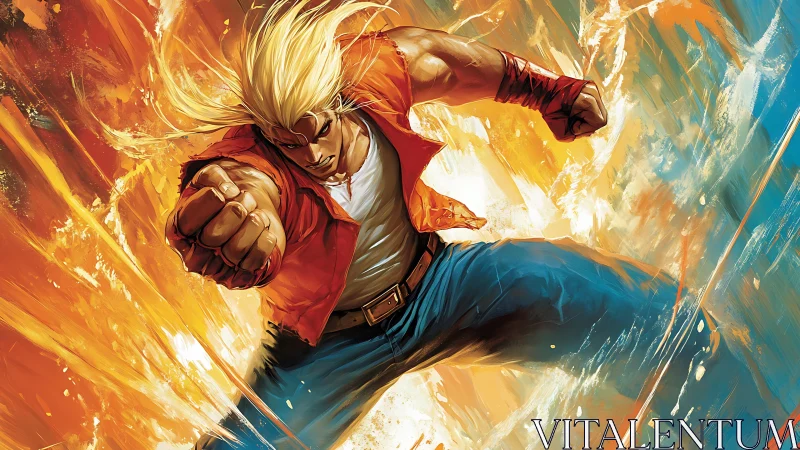 Dynamic comic-style fighter in explosive action composition.